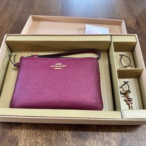 Coach Glitter Black Cherry Corner Zip Wristlet With 2 Charms & Coach Box CF547